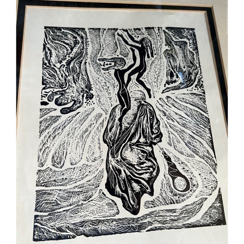 Abstract Ink Drawing Art Photo Print Black White Double Matted 14 x 16"